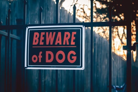 A black-and-red beware of dog sign on fence.